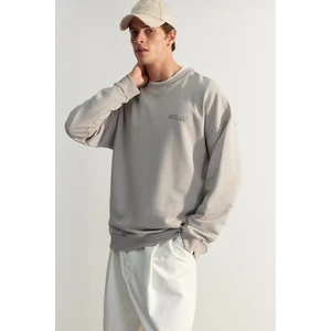 Trendyol Gray Men's Premium Oversize Sweatshirt with Text and Embroidery Thick Cotton