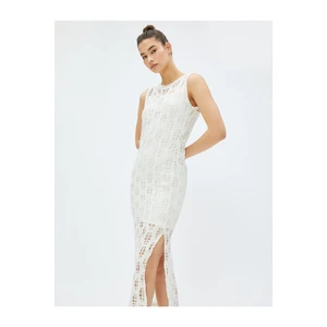 Koton Openwork Midi Dress with Slits, Sleeveless, Crew Neck Lined.