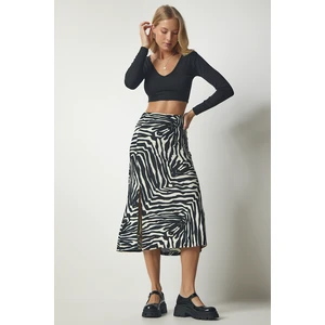 Happiness İstanbul Women's Black Cream Patterned Viscose Skirt with a Slit