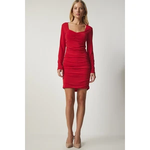 Happiness İstanbul Women's Red Heart Collar Pleated Sandy Knitted Dress