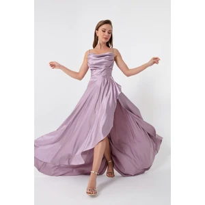 Lafaba Women's Lilac Volleyball Satin Evening &; Prom Dress with a slit