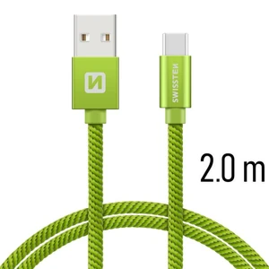 Adatkábel Swissten textil USB-C konnektorral, gyorstöltés támogatással, Green