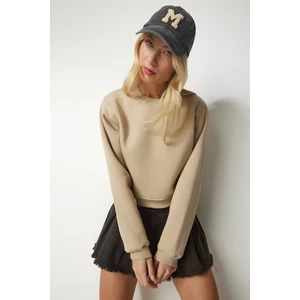 Happiness İstanbul Women's Beige Marked Crop Sweatshirt