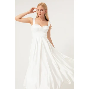 Lafaba Women's White Straps, Flare Cut Midi Satin Evening Dress.