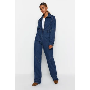 Trendyol Blue Stitching Detailed Zippered Denim Overalls