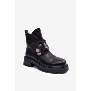 Leather decorated ankle boots with flat heels and S platform. Barski Black