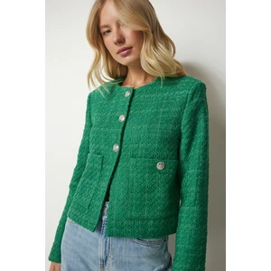 Happiness İstanbul Women's Green Buttoned Tweed Jacket