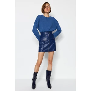 Trendyol Indigo Belt Zipper Detailed Faux Leather Mini Woven Skirt