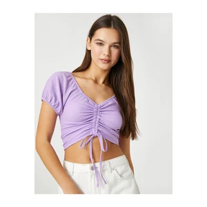 Koton Crop T-Shirt Balloon Sleeves Shirred Detail V-Neck