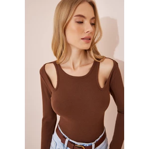 Happiness İstanbul Women's Brown Cut Out Detailed Ribbed Knitted Blouse