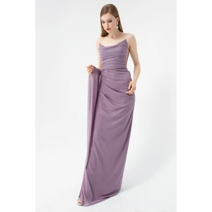 Lafaba Women's Lavender Chest Draped Glittery Evening Dress with a slit.