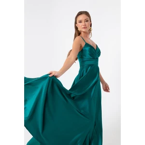 Lafaba Women's Emerald Green Long Satin Evening Dress &; Prom Dress with Thread Straps and Waist Belt