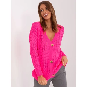 Fluo pink women's cardigan with cables