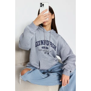 Trendyol Gray Fleece City Printed Oversize/Wide Fit Hooded Knitted Sweatshirt