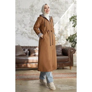 InStyle Burgundy Striped Pattern Long Trench Coat - Tan