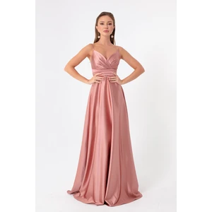 Lafaba Women's Salmon Long Satin Evening Dress with Thread Straps and Waist Belt