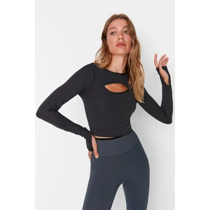 Trendyol Dark Anthracite Crop Window/Cut Out and Thumb Hole Detail Knitted Sports Top/Blouse