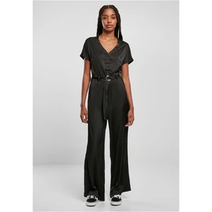 Women's satin jumpsuit with a wide belt in black