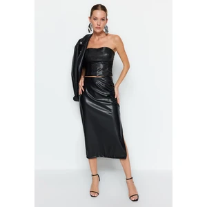 Trendyol Black Faux Leather Midi Skirt