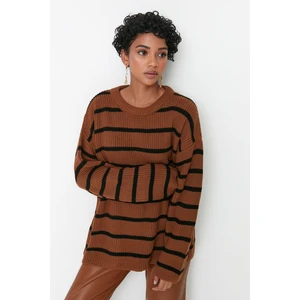 Trendyol Camel Striped Oversize Knitwear Sweater