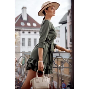 Simple dress with ruffles and khaki belt