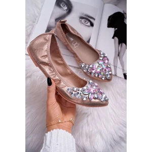 Leather Ballerinas with Stones Pink Gold Crystal