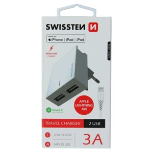 SWISSTEN SÍŤOVÝ ADAPTÉR SMART IC 2x USB 3A POWER + DATOVÝ KABEL USB / LIGHTNING MFi 1,2 M, BÍLÁ