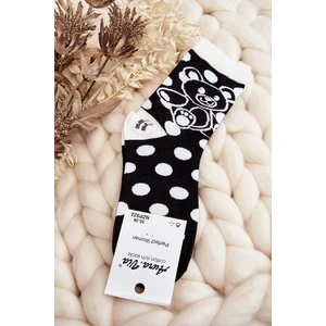 Women's mismatched socks with teddy bear, white and black