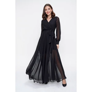 By Saygı Double Breasted Collar Long Sleeves Lined Chiffon Long Dress Black