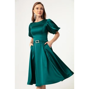 Lafaba Women's Emerald Green Mini Satin Evening Dress with Balloon Sleeves and Stones Belt.