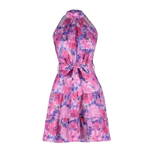 Trendyol Fuchsia Floral Pattern A-Line Satin Mini Woven Dress