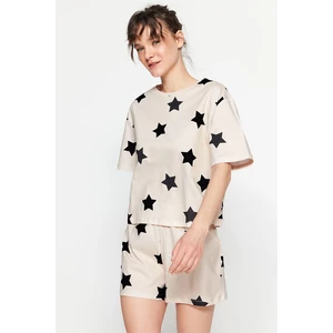 Trendyol svetloružová 100% bavlnená súprava pyžama s hviezdičkovým vzorom - tričko a šortky