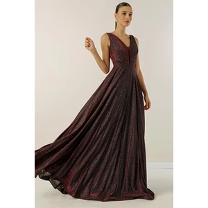 By Saygı Thick Straps and Lined Mini Checkered Long Evening Dress with Wide Body Range, Glitter