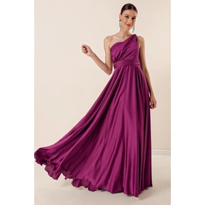 By Saygı One-Shoulder Draped Lined Wide-Shoulder Crepe Satin Long Dress