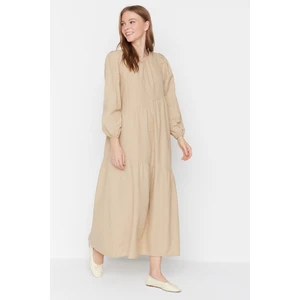 Trendyol Mink Shirred Detail Cotton, Wide Fit Woven Dress