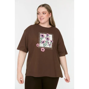 Trendyol Curve Brown Knitted Printed Knitted T-Shirt