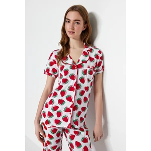 Trendyol White Cotton Piping Detailed Strawberry Patterned Shirt-Pants Knitted Pajama Set