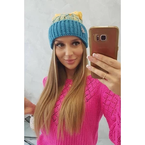 Beanie with pompom Abigail K326 turquoise+yellow