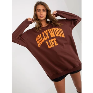 Dark brown and orange oversized long sweatshirt with slogan