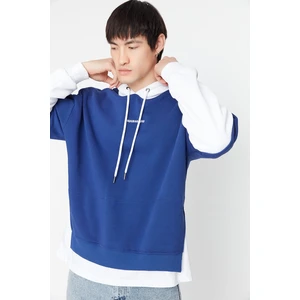 Trendyol Navy Blue Oversize/Wide Cut Fit Hooded Embroidered Paneled Thick Sweatshirt