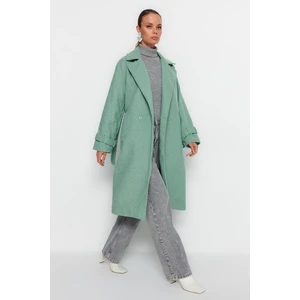 Trendyol Mint Oversize širokoúhlý opásaný dlouhý vlněný kabát