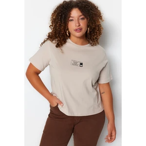 Trendyol Curve Beige Crop Knitted Crewneck Printed T-shirt