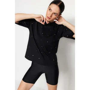 Trendyol Black Stone Detailed Relaxed/Wide, Comfortable Cut Round Neck Knitted T-Shirt