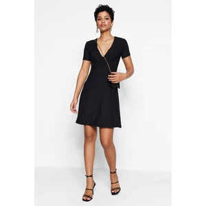 Trendyol Black Double Breasted Collar Mini, Flexible Knitted Dress