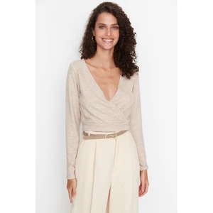 Trendyol Beige Melange Knitted Blouse with Double Breasted Collar, Soft