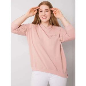 Dust pink sweatshirt of larger size with V-neck.