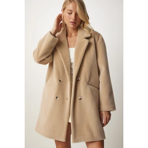 Happiness İstanbul Women's Beige Rabbit Hair Look Oversized Coat