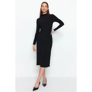 Trendyol Black Draped Detailed Stand Up A-Line Flexible Midi Knit Dress