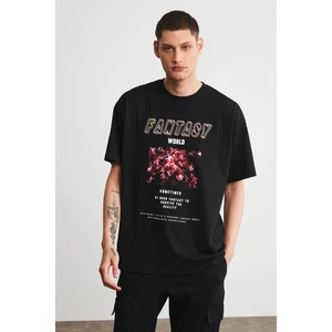 GRIMELANGE Fantasy Men's Black Printed Crewneck Oversized T-shir