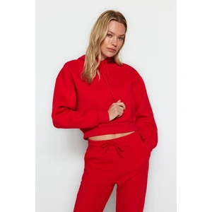 Trendyol Red Thick Fleece Hooded Relaxed Cut Crop Basic Knitted Sweatshirt